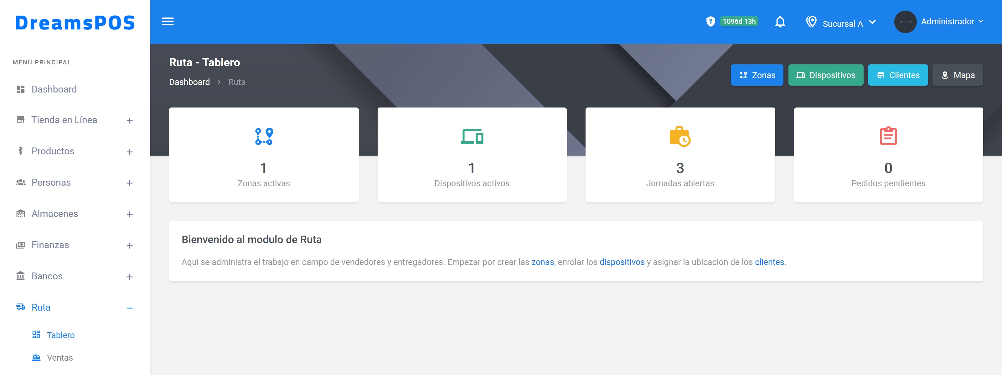 Tablero del m&oacute;dulo Ruta en DreamsPOS